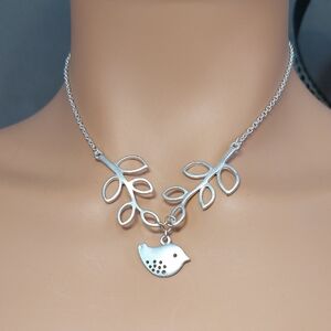 Silvertone Bird Branch Leaf Necklace 17-19"